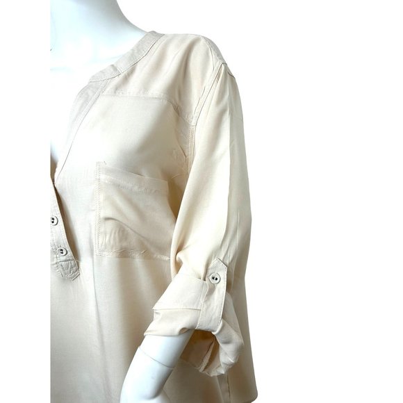 Philosophy Woman Tunic Top Beige 2X Roll Tab Long Sleeve Band Collar Pockets - Picture 8 of 10